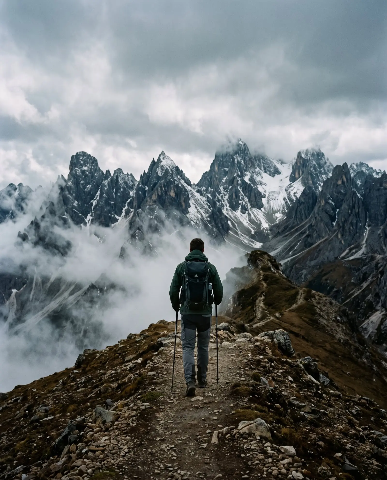 Senderista de espaldas en una cresta de alta montaña, frente a picos nevados envueltos en nubes