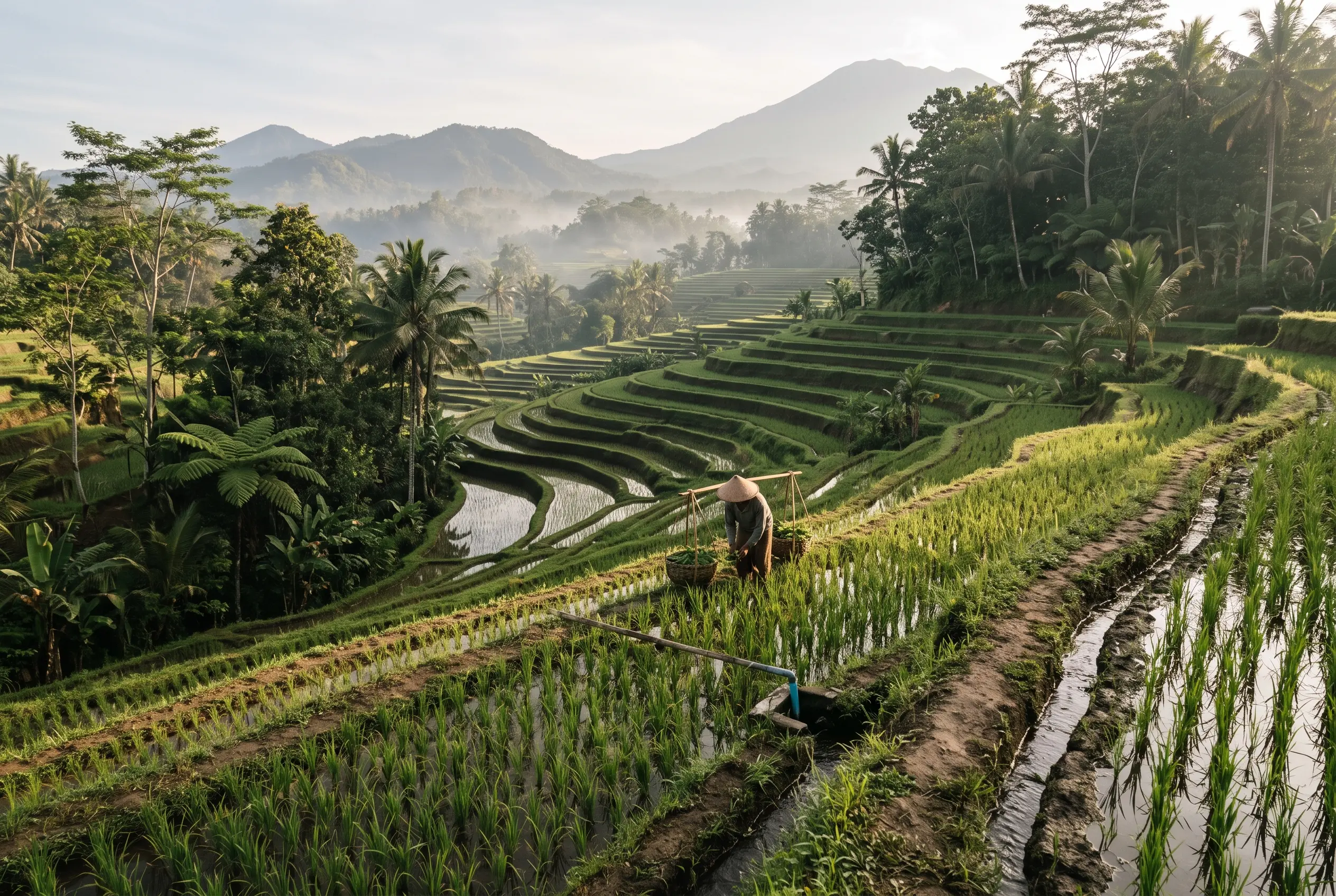 Terrazas de arroz en Bali con un agricultor cargando cestas al amanecer