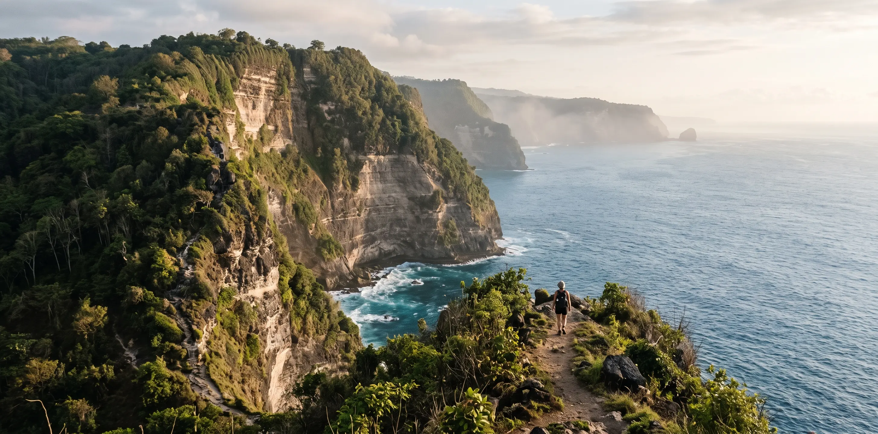Senderista caminando por el borde de los acantilados de Nusa Penida con el mar al fondo