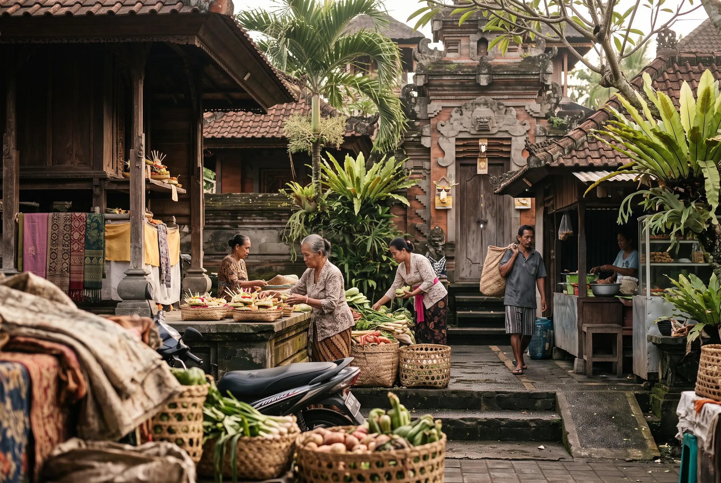 Mercado tradicional en Ubud con mujeres preparando ofrendas balinesas junto a la entrada de un templo