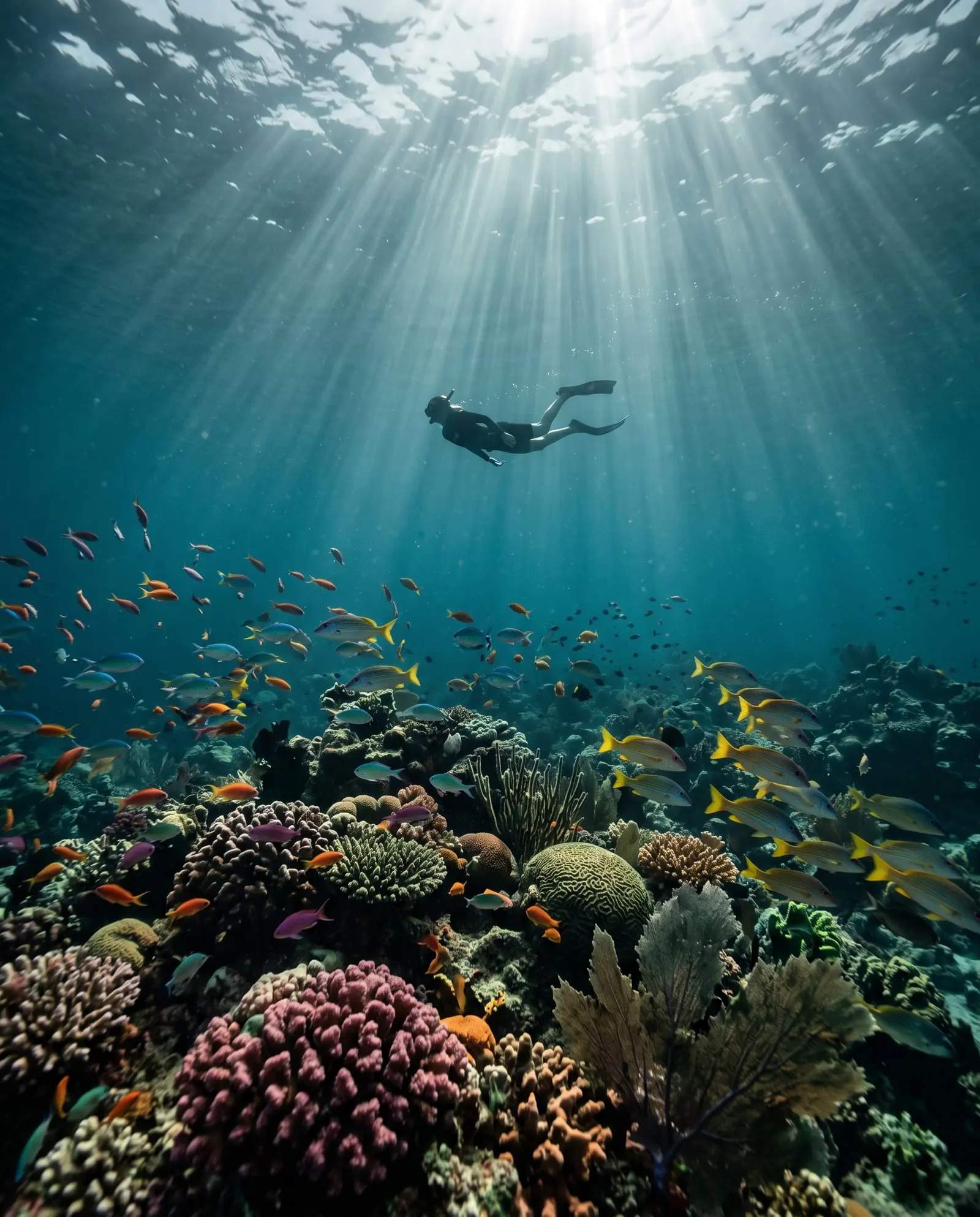 Buceador sobre un arrecife de coral con bancos de peces de colores y rayos de luz desde la superficie
