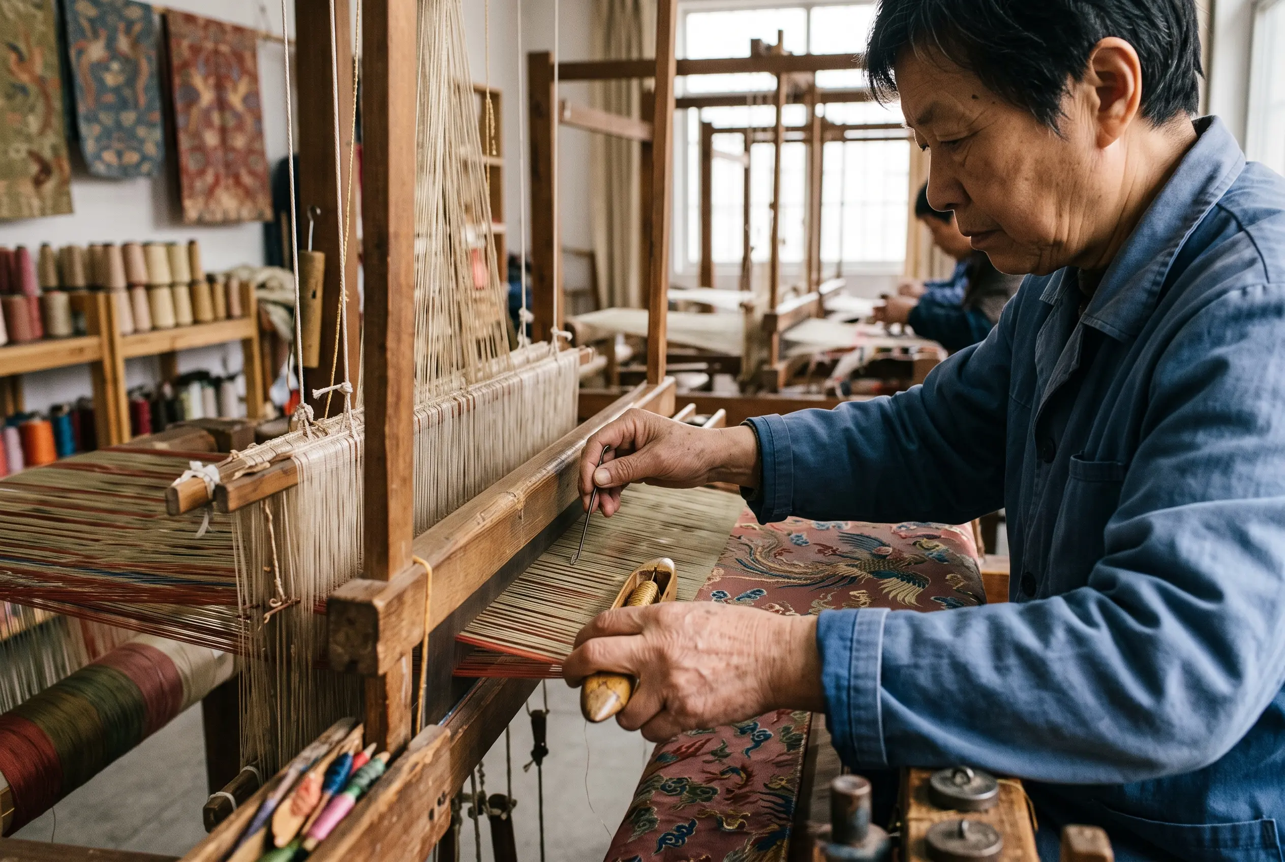 Artesano tejiendo seda a mano en un telar tradicional chino