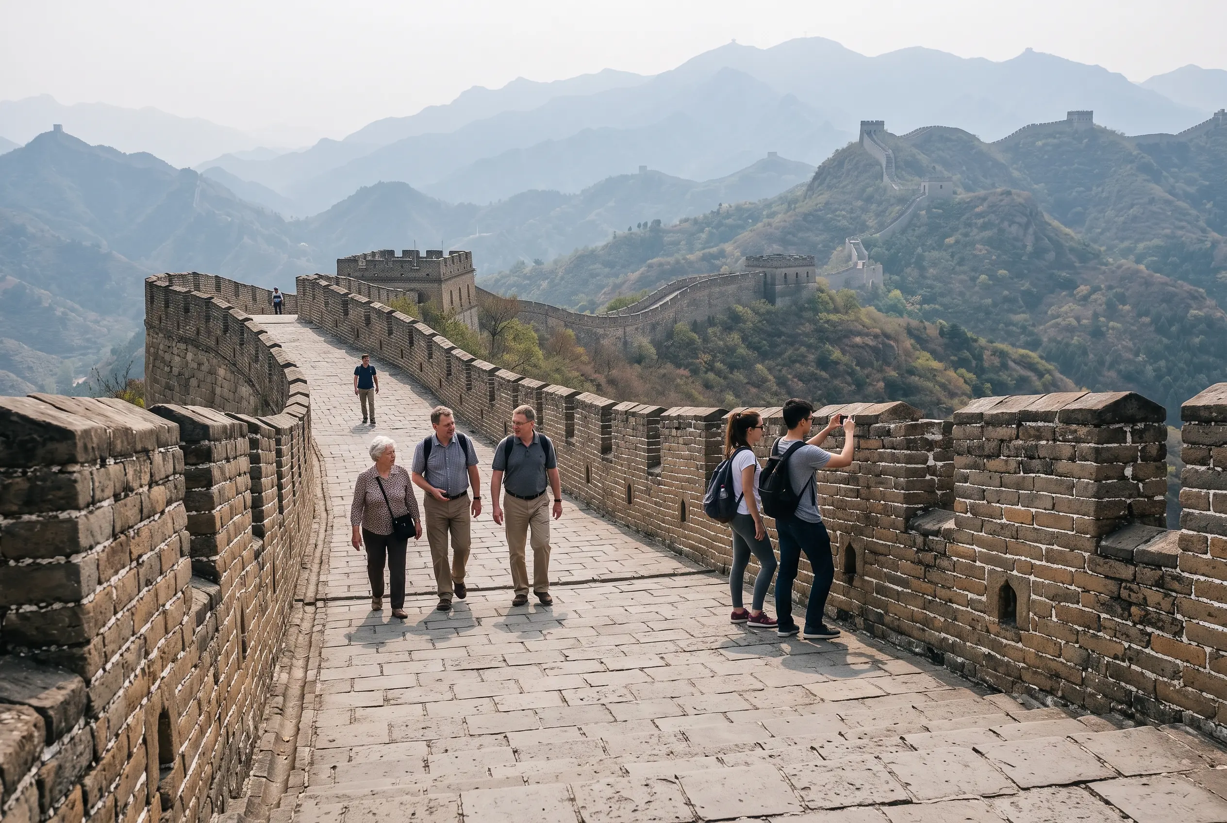 Grupo de visitantes caminando y fotografiando un tramo de la Gran Muralla china entre montañas
