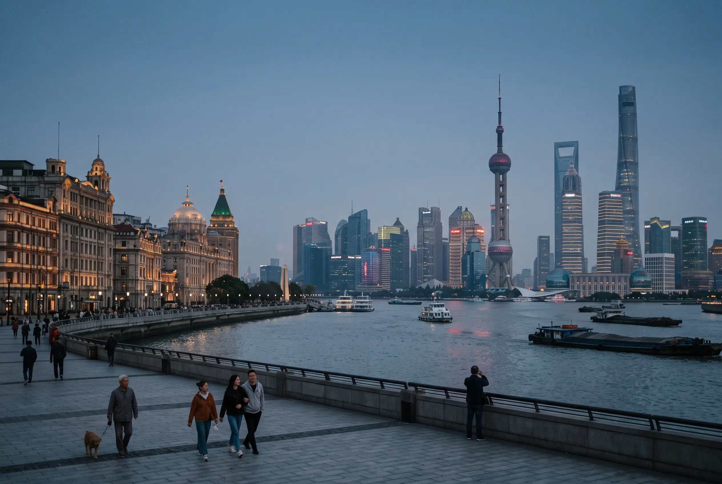 Paseantes en el Bund de Shanghái al anochecer, con el perfil de rascacielos de Pudong al otro lado del río