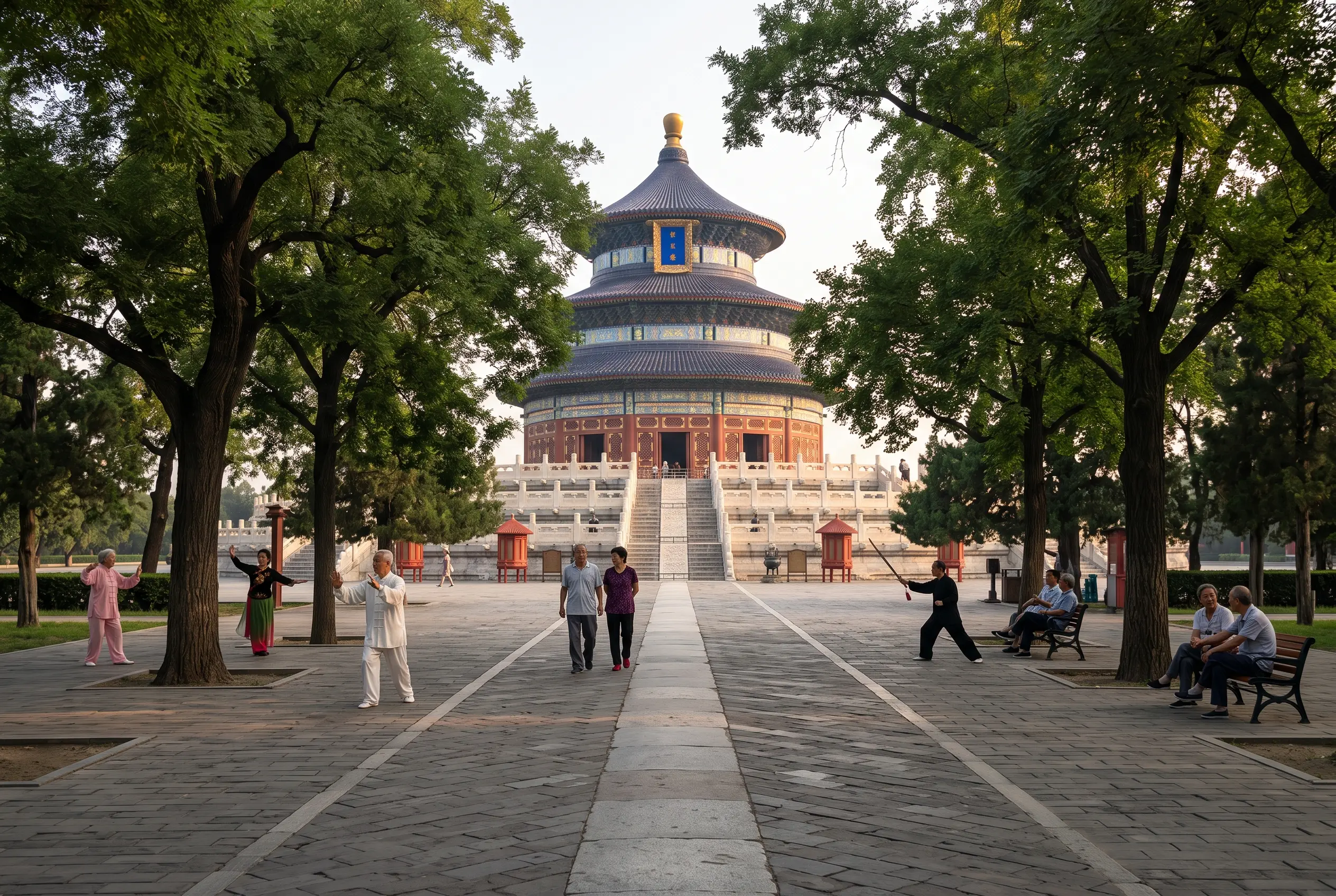 Practicantes de tai chi frente al Templo del Cielo en Pekín entre árboles, al amanecer