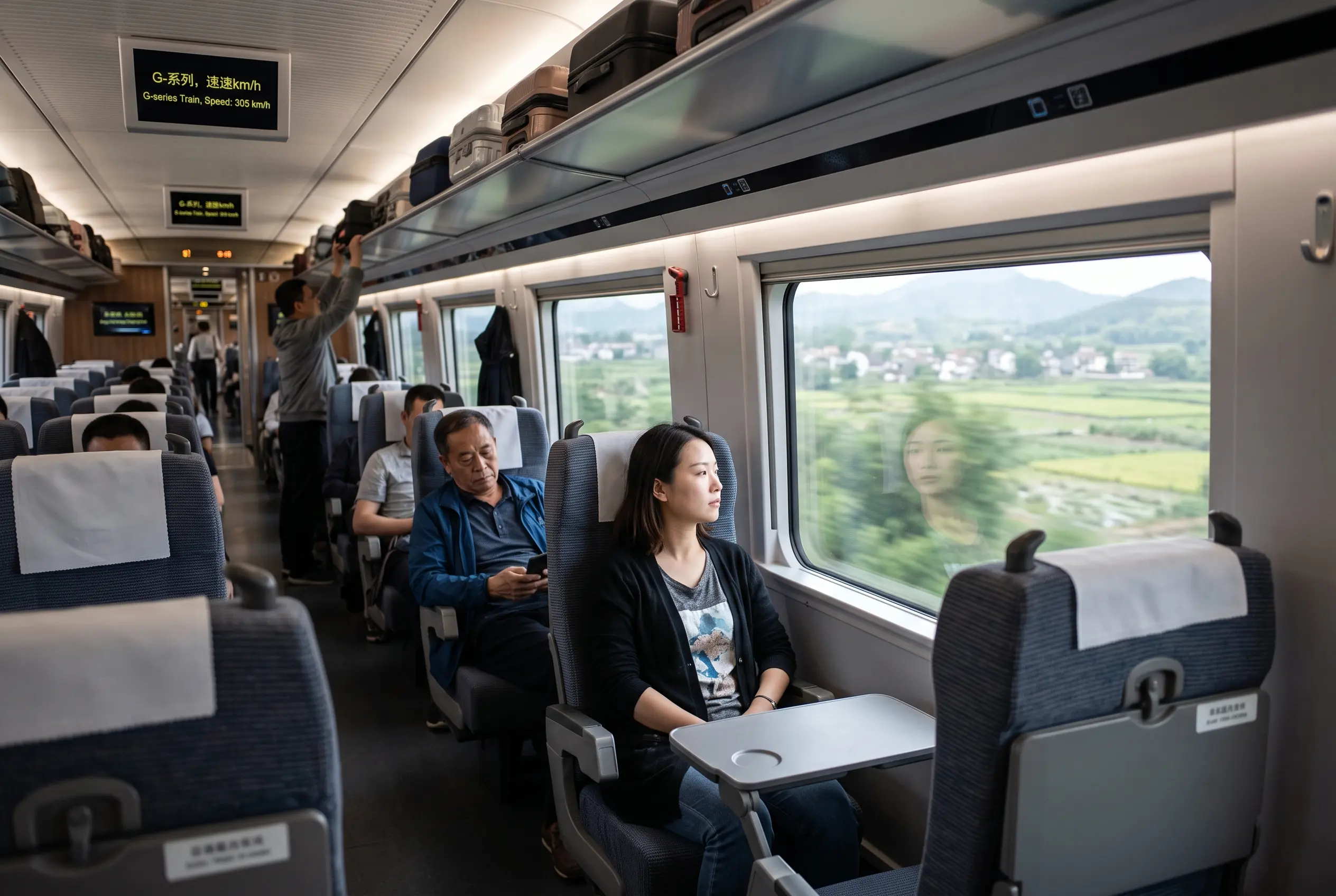 Pasajeros sentados junto a la ventanilla en el interior de un tren de alta velocidad chino, con el campo pasando de fondo