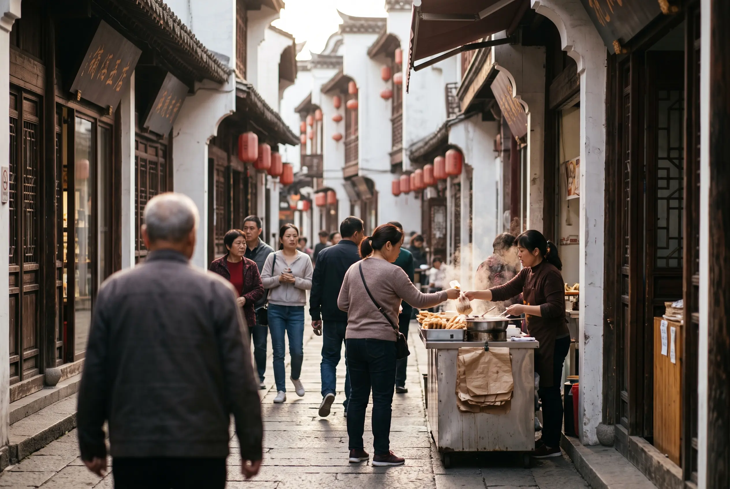 Calle tradicional con linternas rojas y un puesto de comida callejera junto al jardín Yuyuan en Shanghái