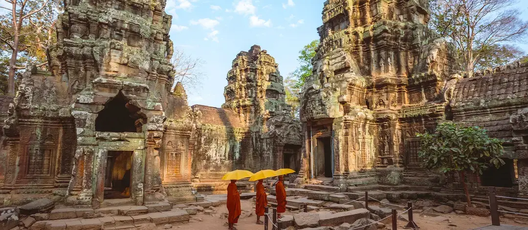 Monjes con túnicas azafrán y sombrillas amarillas entre las ruinas de un templo de Angkor