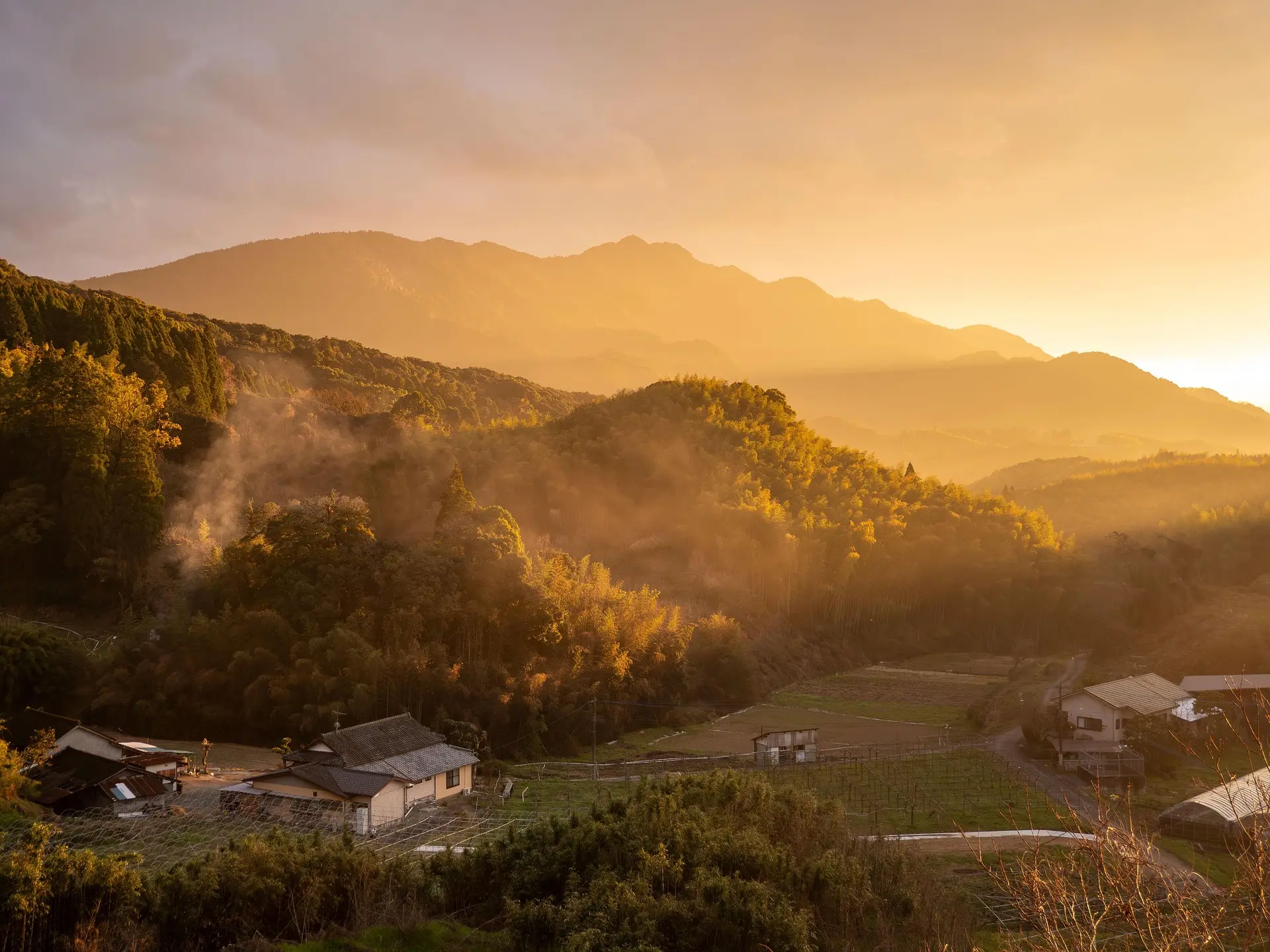 Valle rural al atardecer con bosque de bambú, montañas al fondo y casas tradicionales junto a los huertos.
