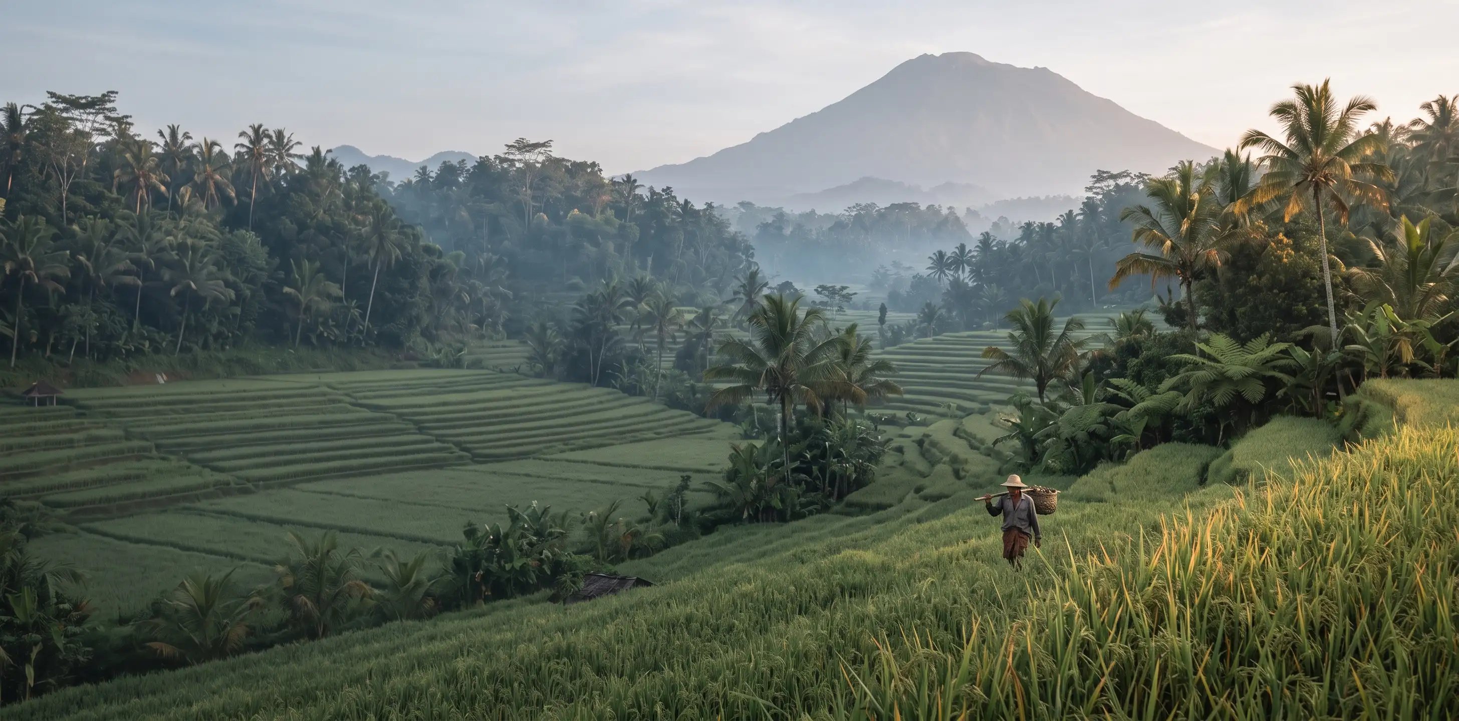 Agricultor recogiendo arroz en una terraza de Bali al amanecer, con el volcán Agung al fondo entre la niebla