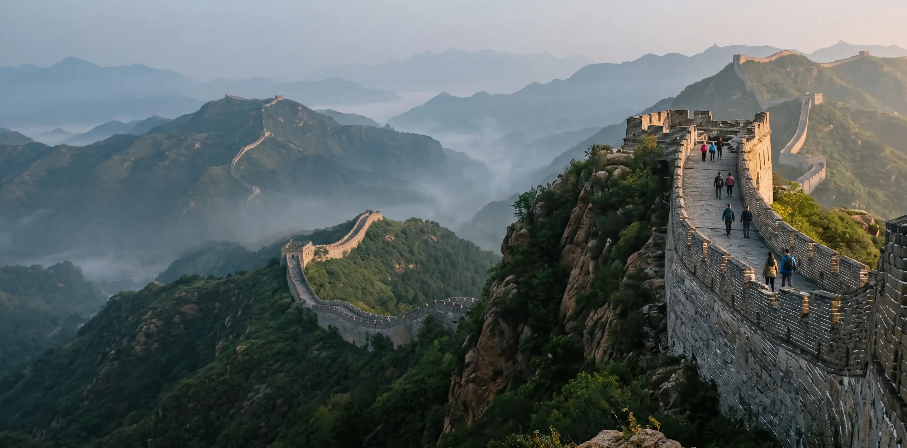 Tramo de la Gran Muralla china serpenteando entre montañas envueltas en niebla al amanecer, con un grupo de visitantes caminando por ella