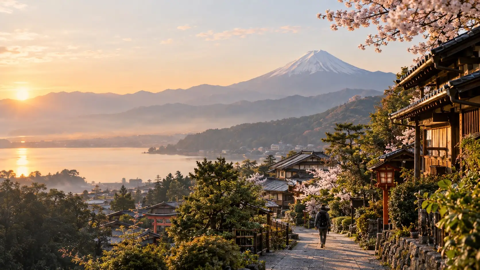 Monte Fuji nevado al amanecer sobre un lago, con una calle tradicional de madera y cerezos en flor en primer plano