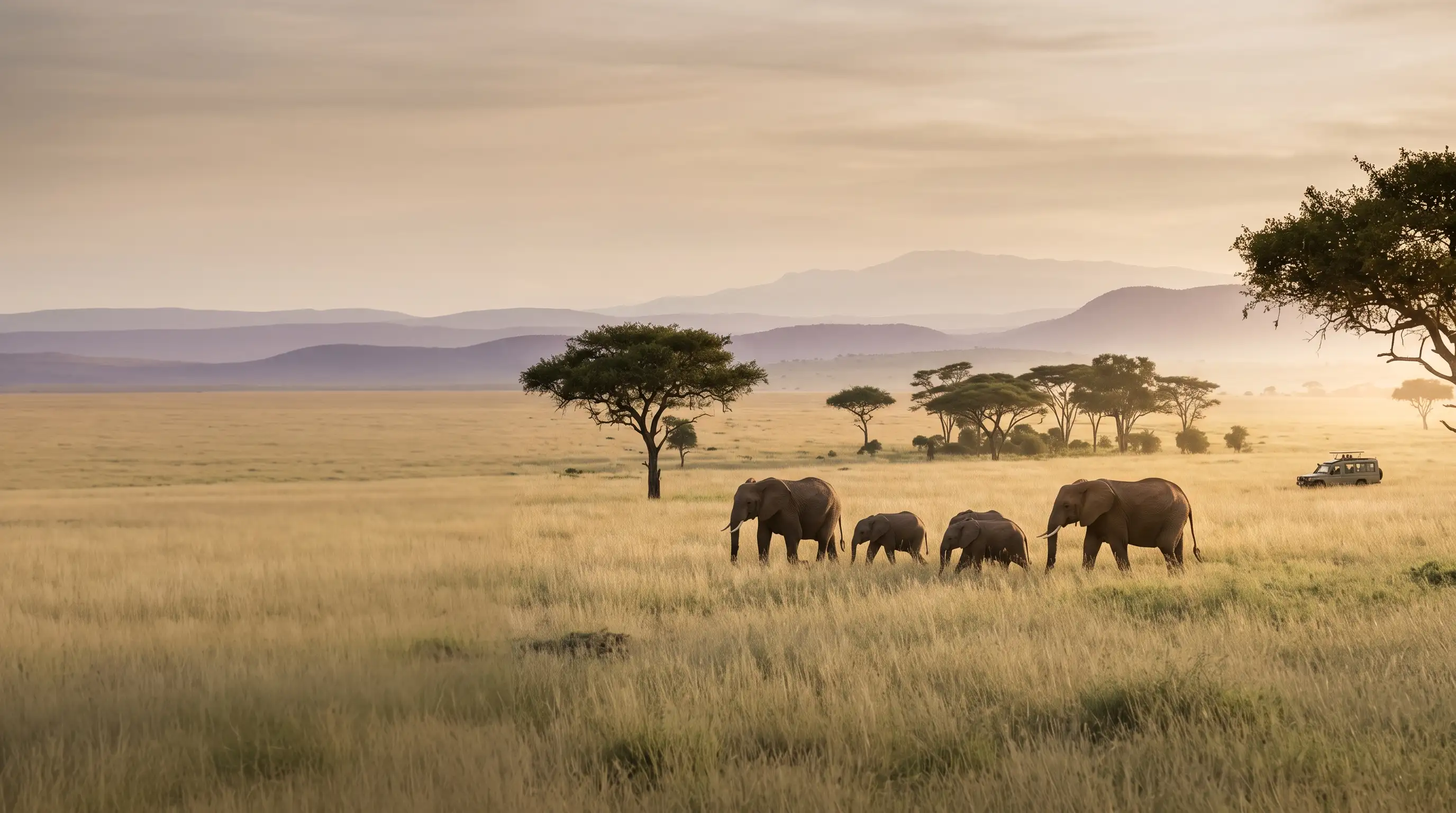 Familia de elefantes cruzando la sabana dorada al amanecer entre acacias, con un vehículo de safari a lo lejos y montañas envueltas en bruma