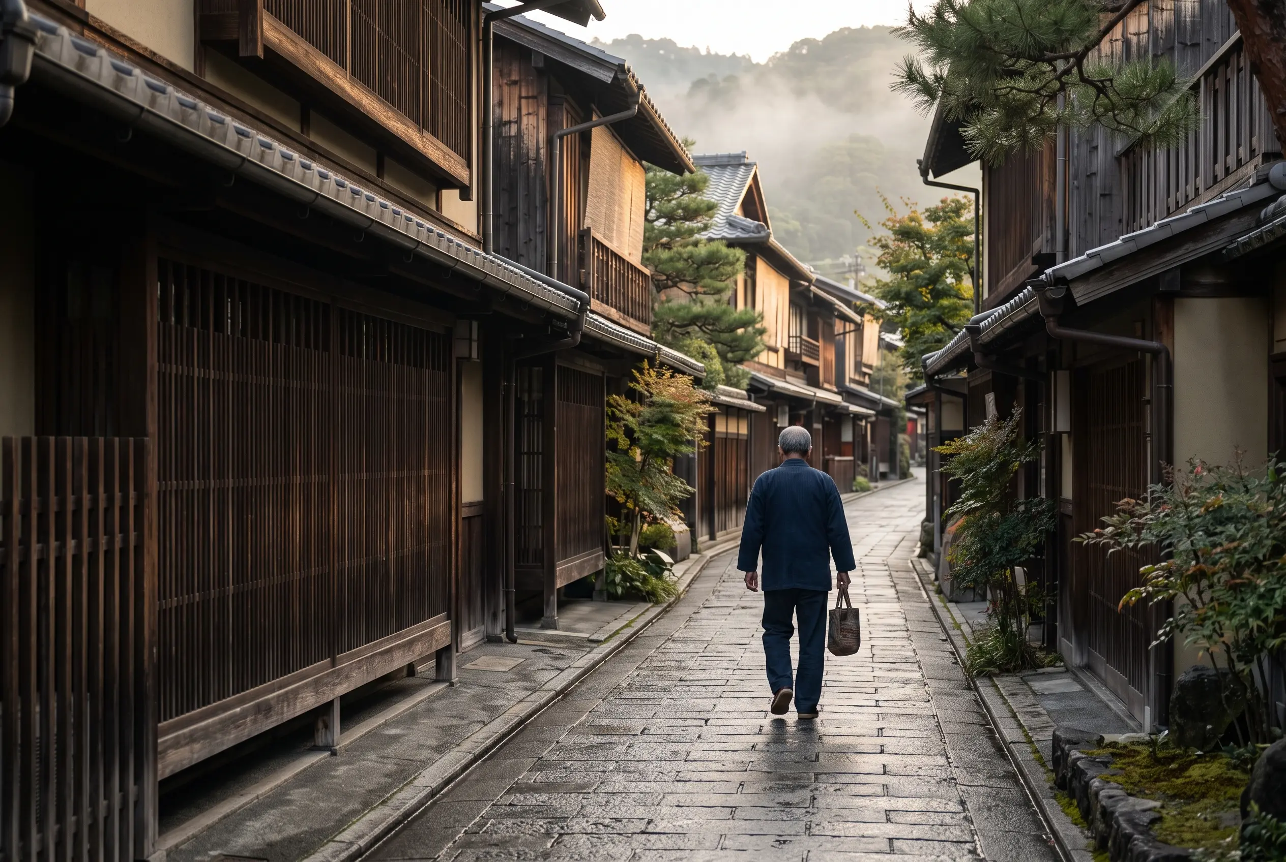 Hombre caminando por una calle tradicional de madera en un barrio histórico de Japón, entre niebla matutina