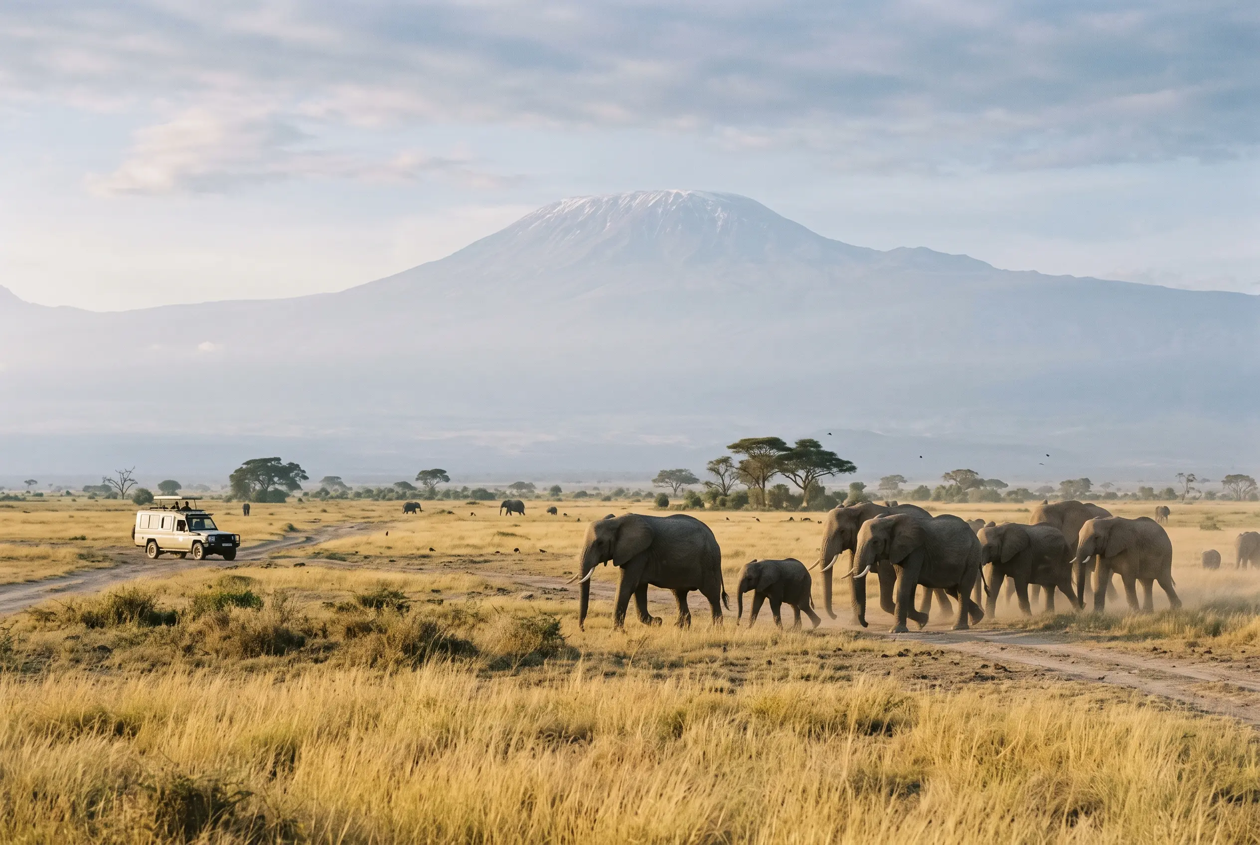 Manada de elefantes cruzando la sabana de Amboseli con el Kilimanjaro nevado al fondo