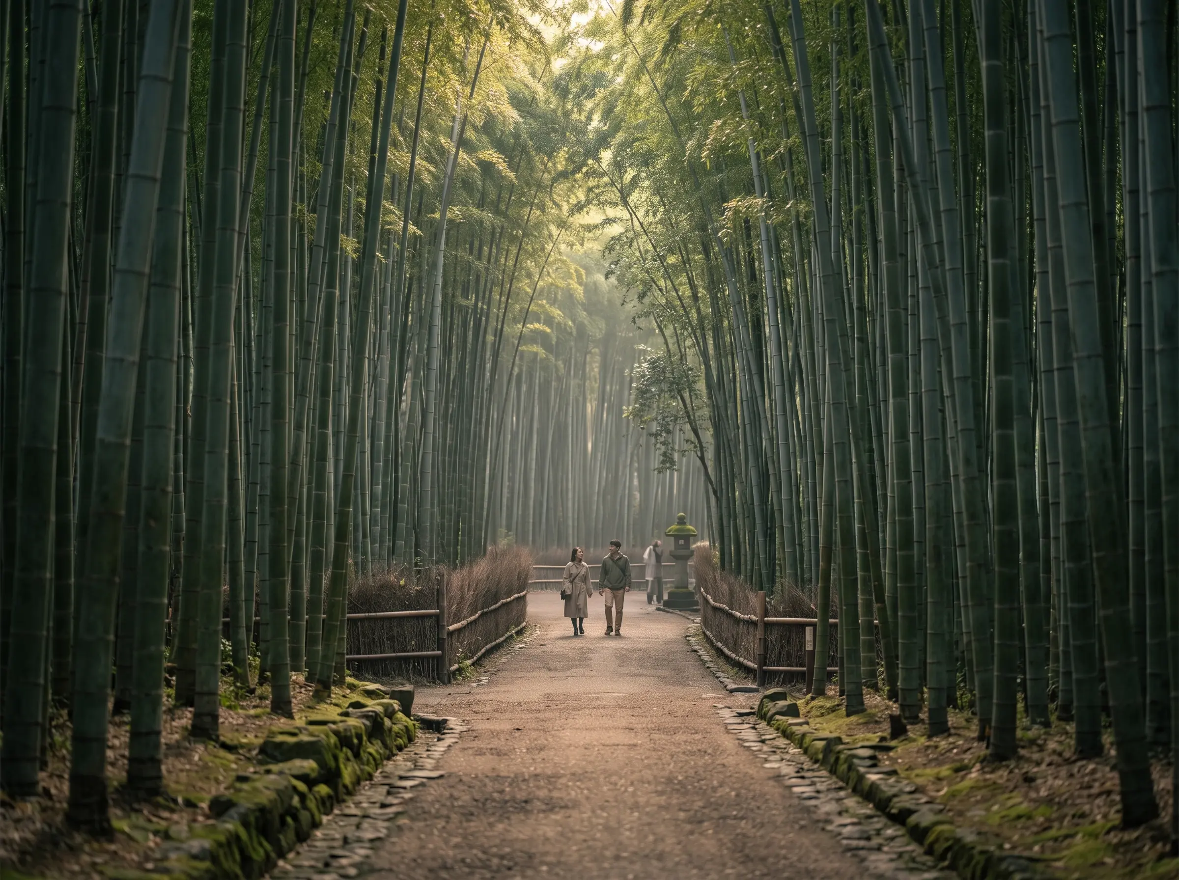 Sendero entre el bosque de bambú de Arashiyama, en Kioto