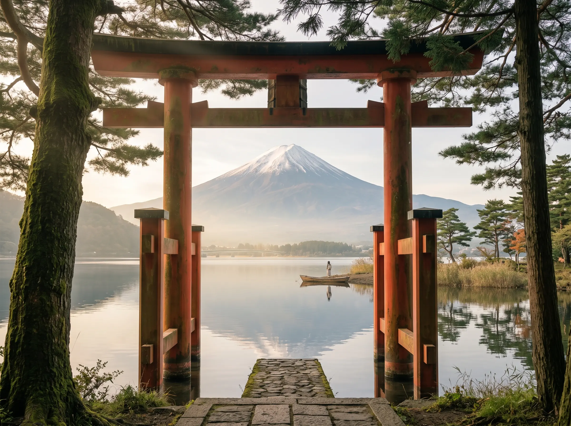 Monte Fuji nevado enmarcado por un torii rojo a orillas de un lago