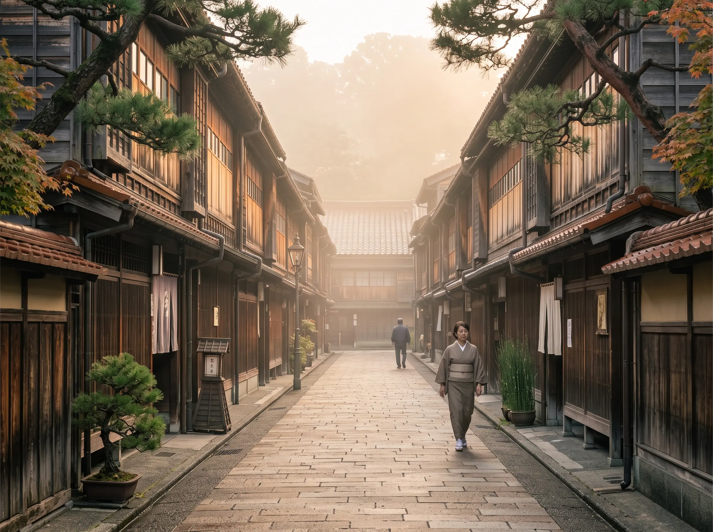 Calle de casas de té de madera en el distrito de Higashi Chaya, Kanazawa