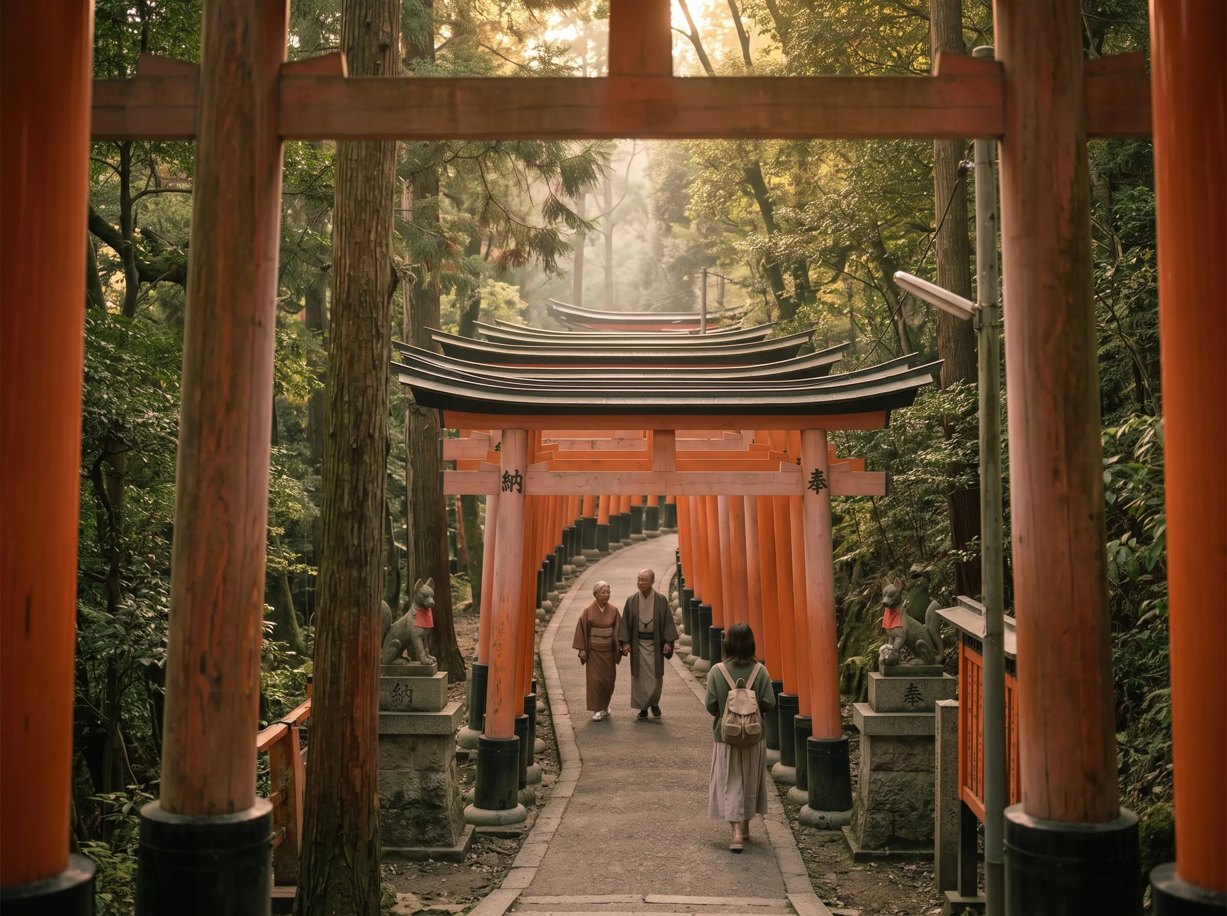 Camino de puertas torii bermellón en el santuario Fushimi Inari de Kioto