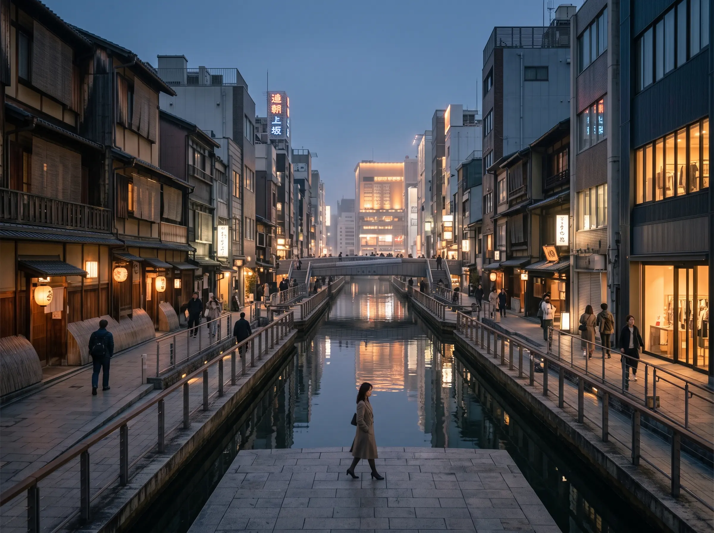 Canal de Dōtonbori, en Osaka, al anochecer, con las luces de los edificios reflejadas en el agua