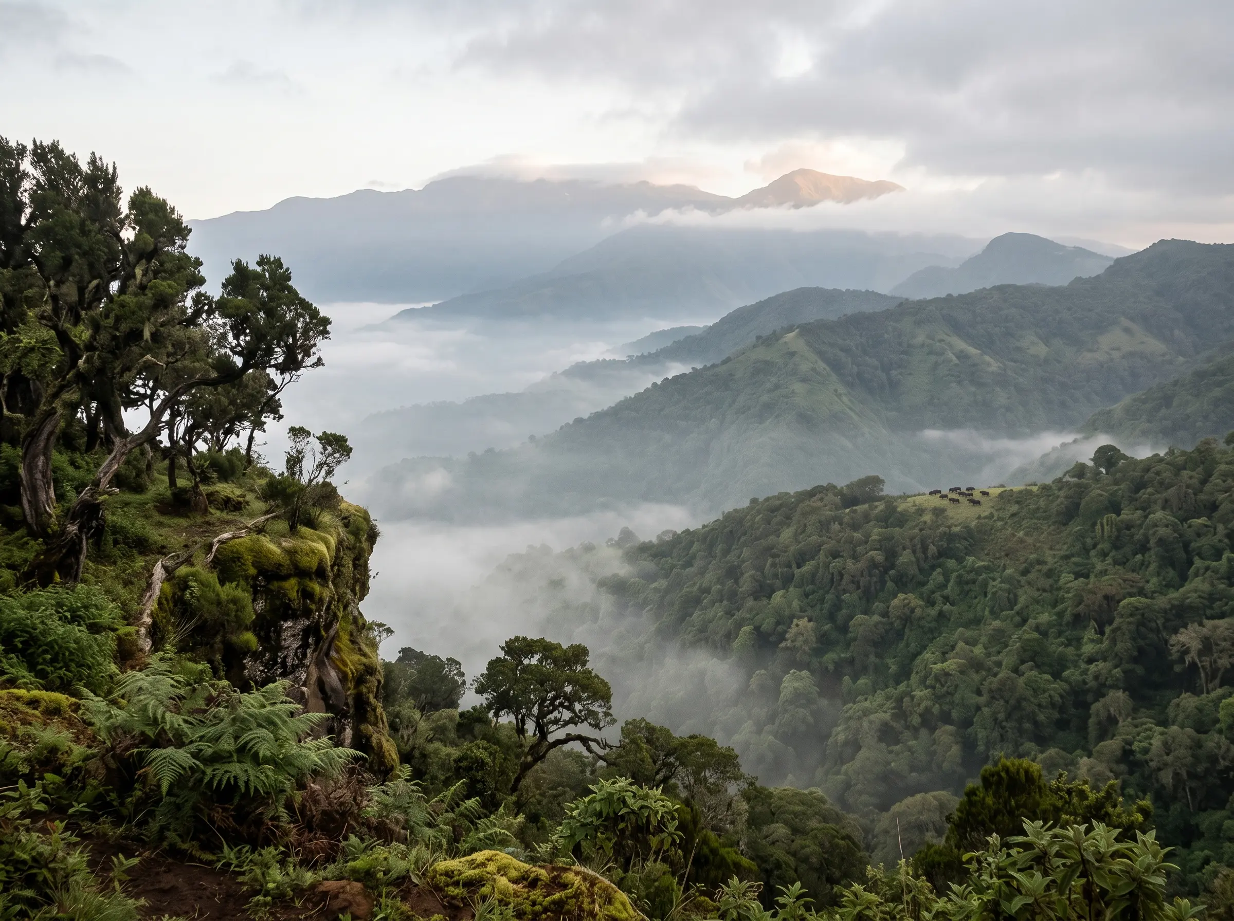 Montañas de Aberdare cubiertas de bosque, con niebla entre los valles y helechos y árboles cubiertos de musgo en primer plano