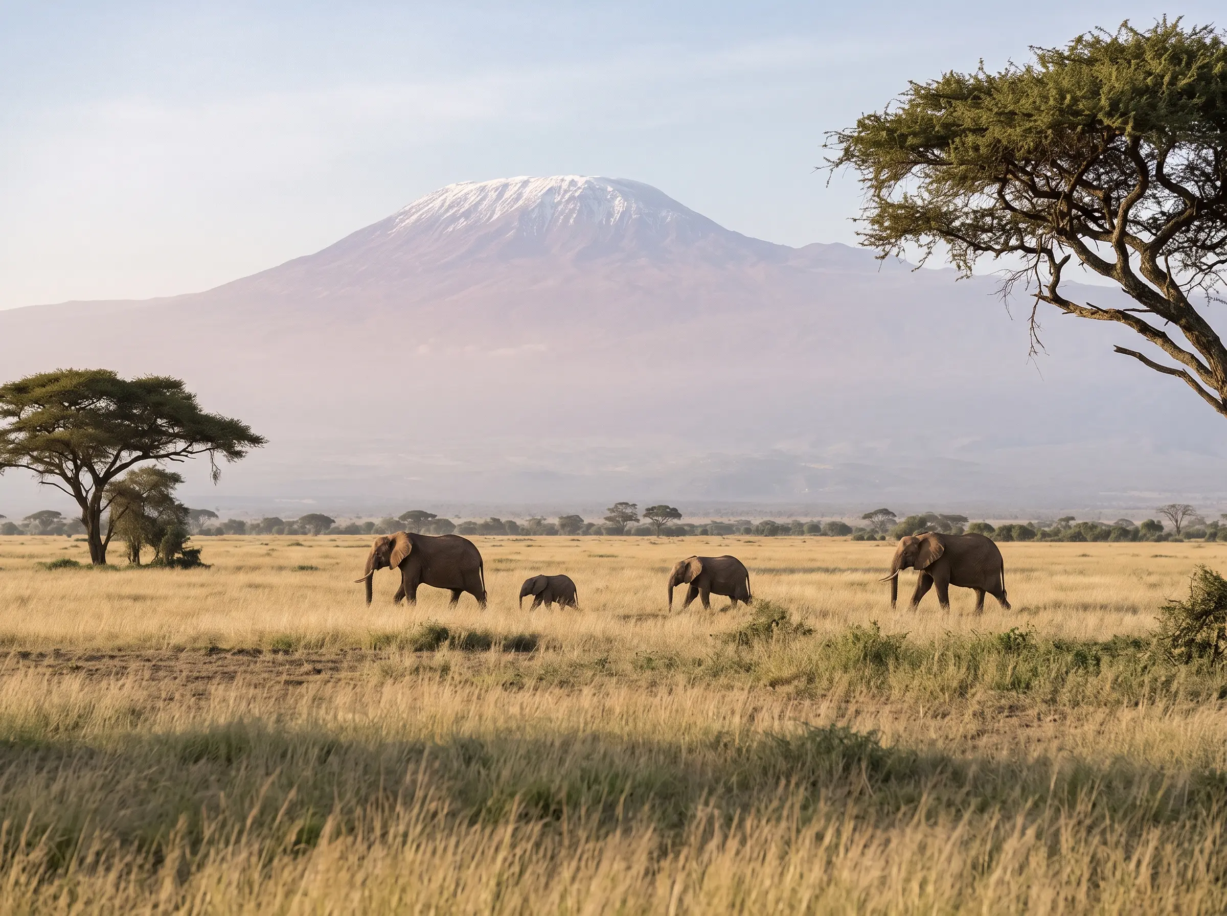 Cuatro elefantes, entre ellos una cría, cruzando la sabana de Amboseli con el Kilimanjaro nevado al fondo