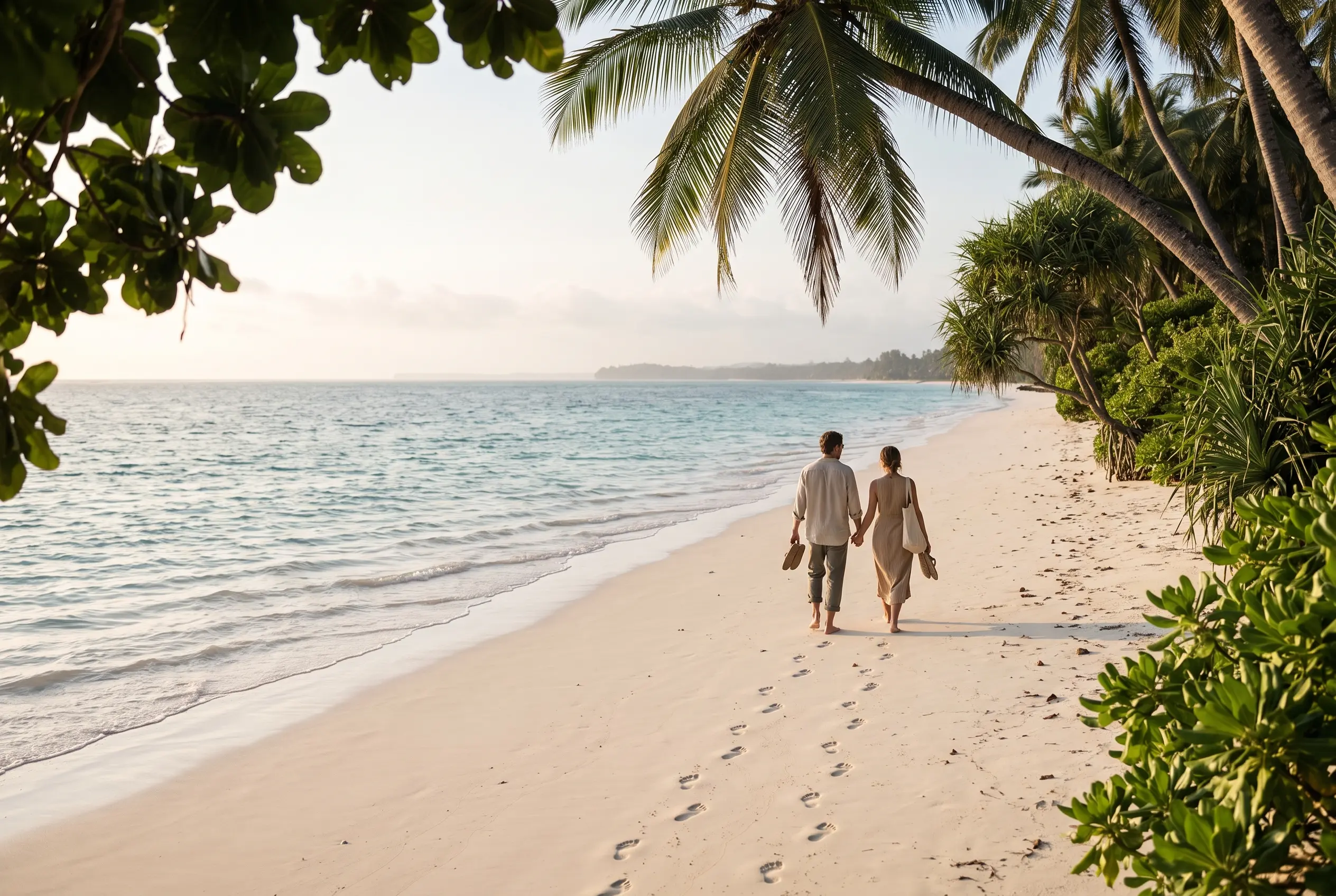Pareja paseando descalza por una playa de arena blanca bordeada de palmeras, junto a un mar turquesa en calma