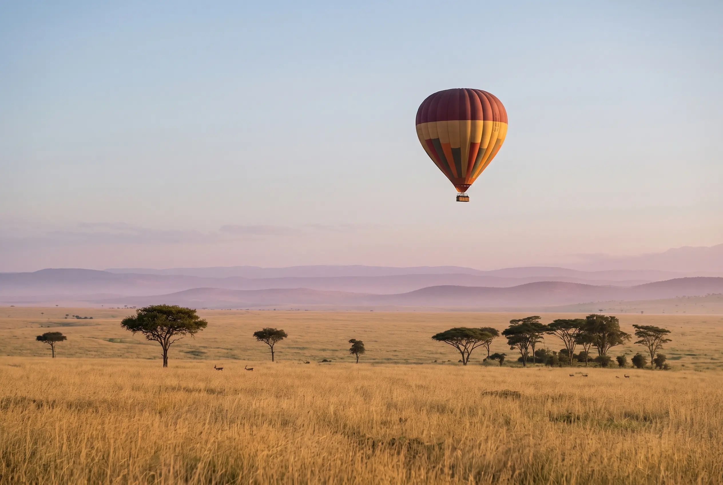 Globo aerostático sobrevolando la sabana dorada al amanecer, entre acacias y colinas envueltas en bruma
