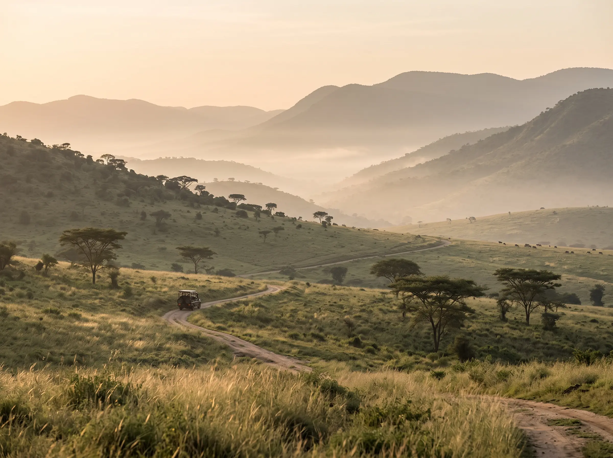 Vehículo de safari por una pista de tierra entre las colinas de Taita Hills, con acacias y niebla en los valles al amanecer