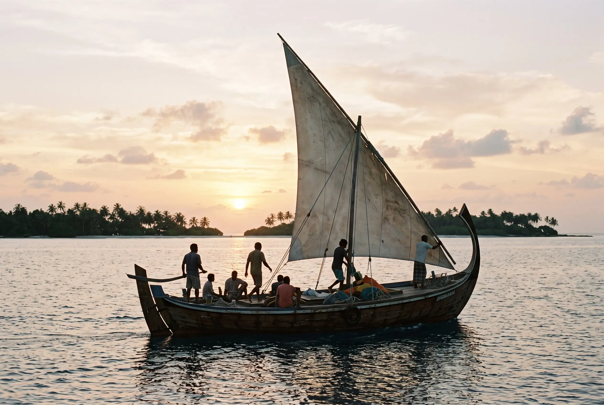 Dhoni, barco tradicional maldivo de madera con vela, navegando al atardecer entre islas con palmeras