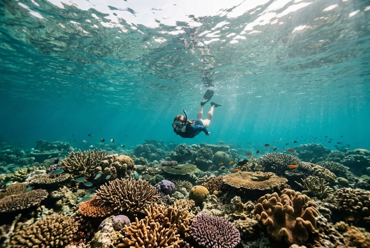 Persona haciendo esnórquel sobre un arrecife de coral en aguas turquesas, vista desde debajo de la superficie