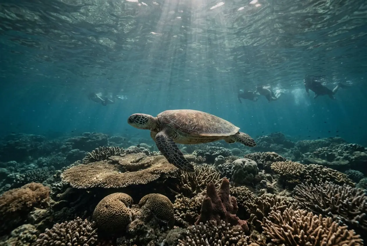 Tortuga marina nadando sobre el arrecife de coral, con buceadores al fondo