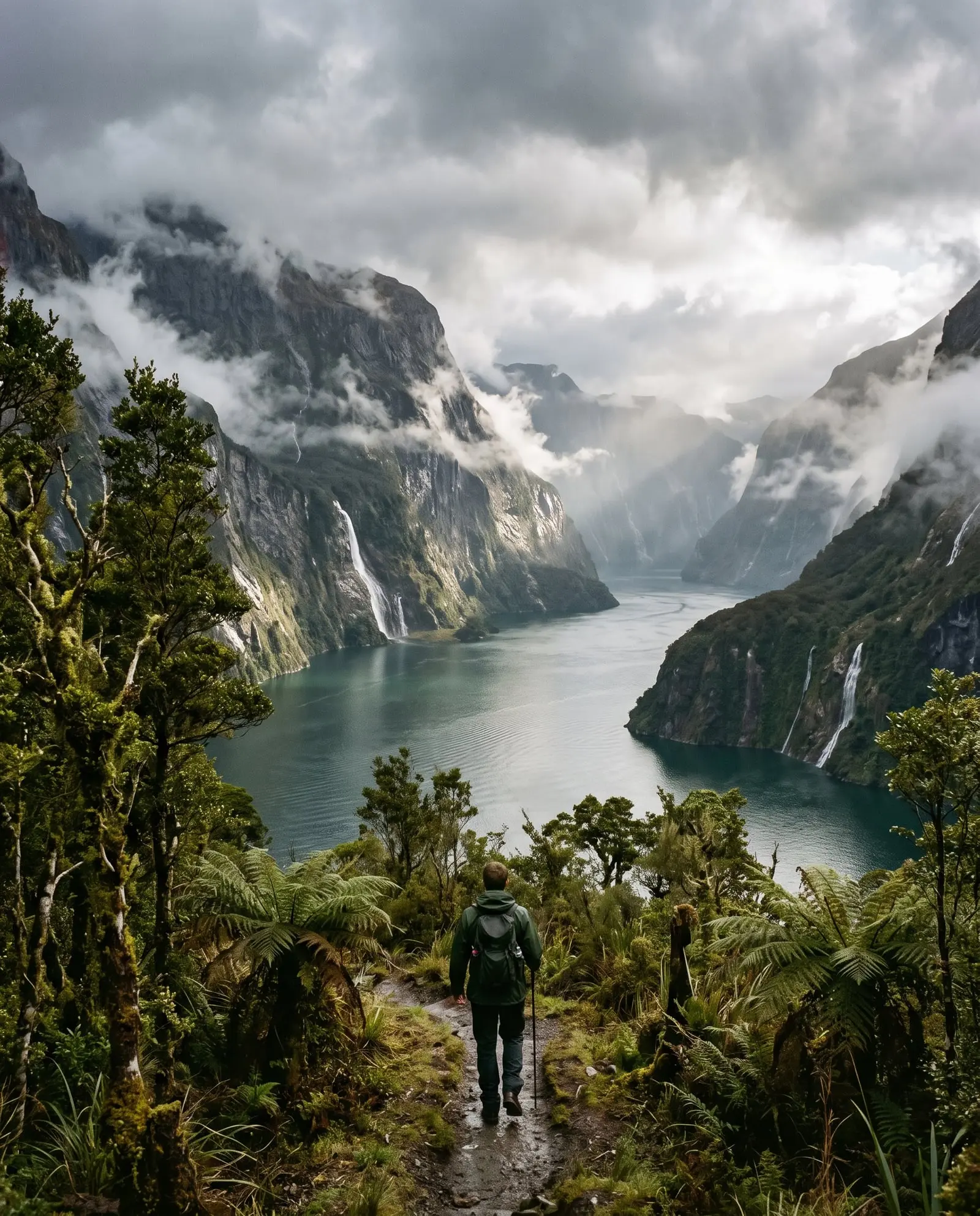 Caminante en un sendero entre helechos sobre un fiordo con cascadas y nubes bajas