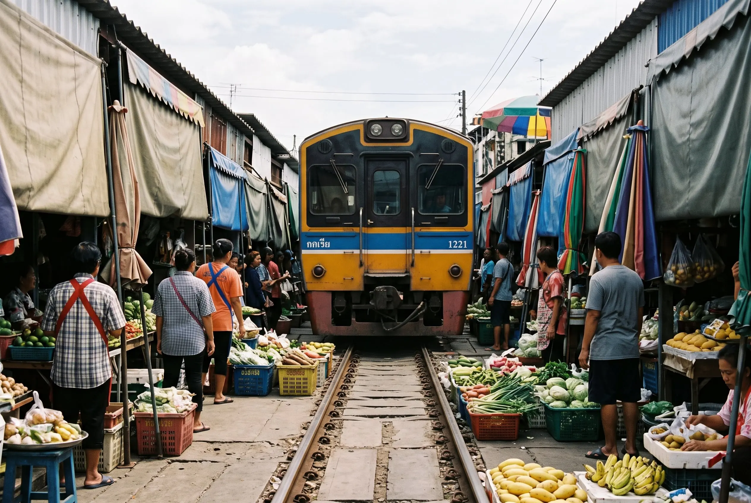 Tren detenido entre los puestos de fruta y verdura del mercado de Maeklong, con los toldos a ambos lados de la vía