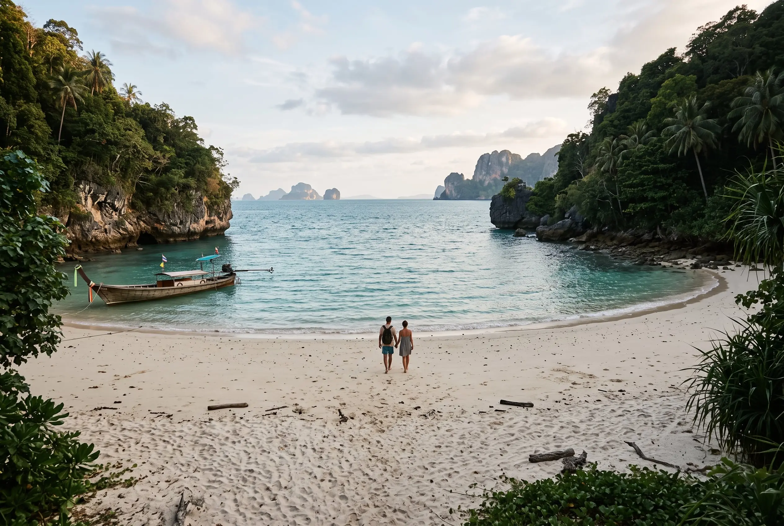 Cala de arena clara rodeada de vegetación tropical, con una barca de cola larga y una pareja paseando por la orilla