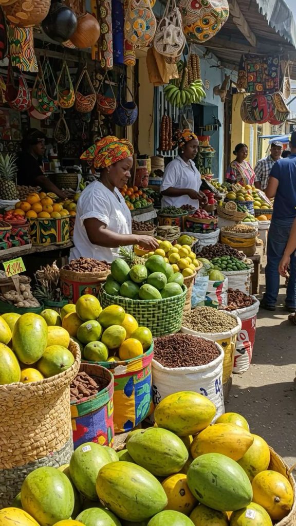 Un mercado real en Zanzíbar, no una postal: así son los encuentros locales en los viajes de Kalani Travels Mercado local de frutas y especias en Zanzíbar, con vendedoras locales, ejemplo de turismo consciente Kalani Travels